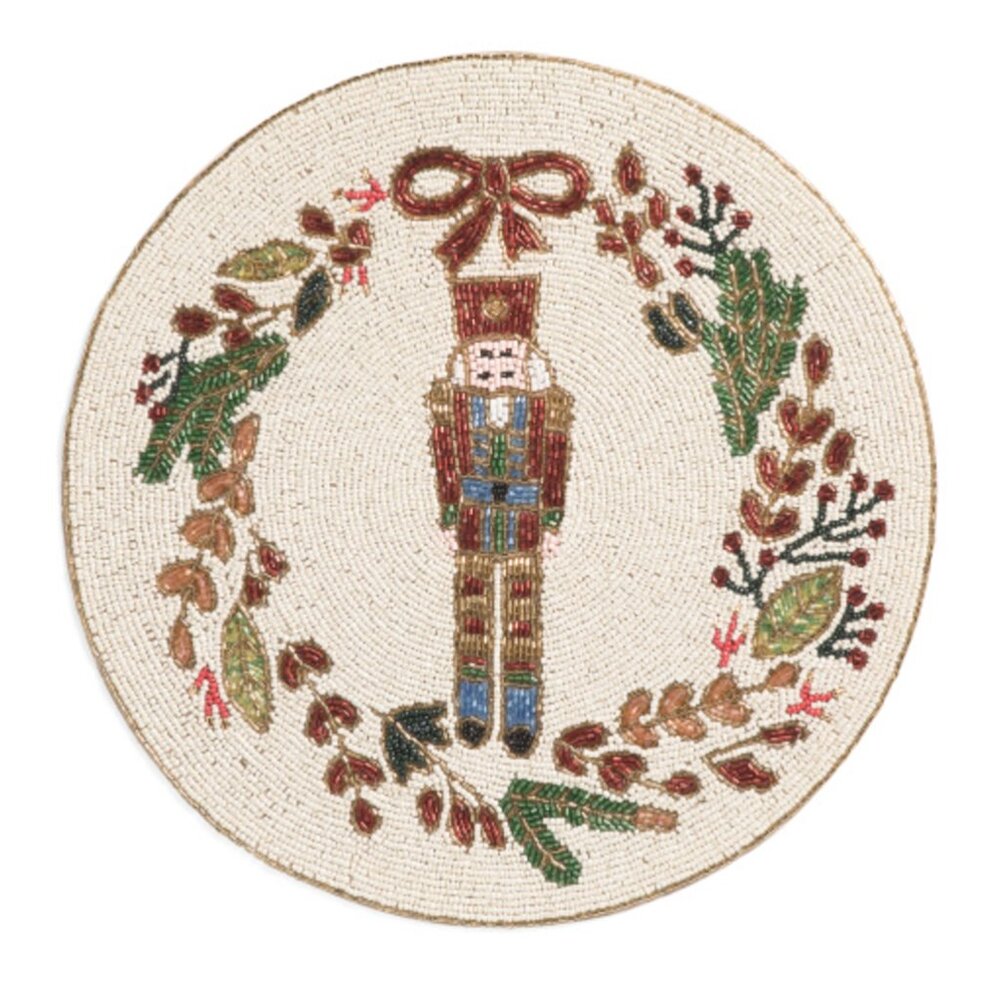 Tahari Christmas Nutcracker Wreath Beaded Placemat 15" Holiday Pine Branch Berry